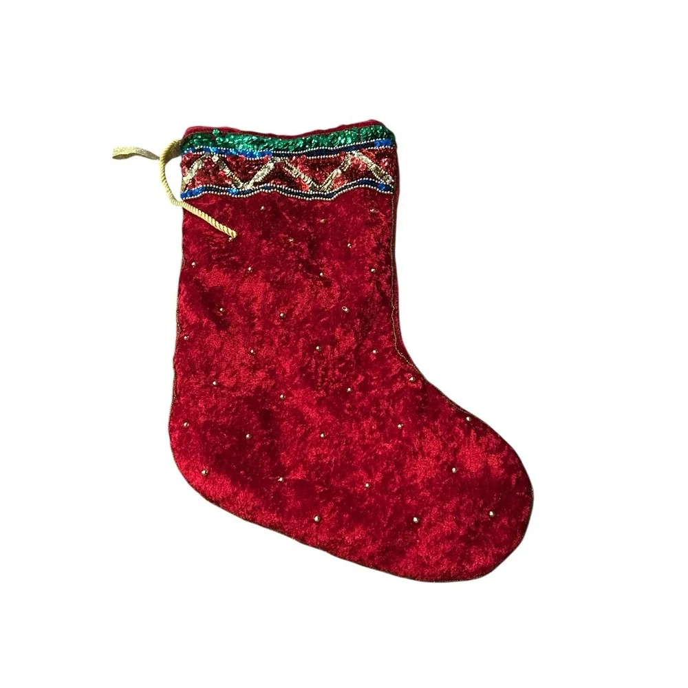 Christmas Stocking Red With Plastic Sequins, Glass Beads ,‎ Satin Lining VTG